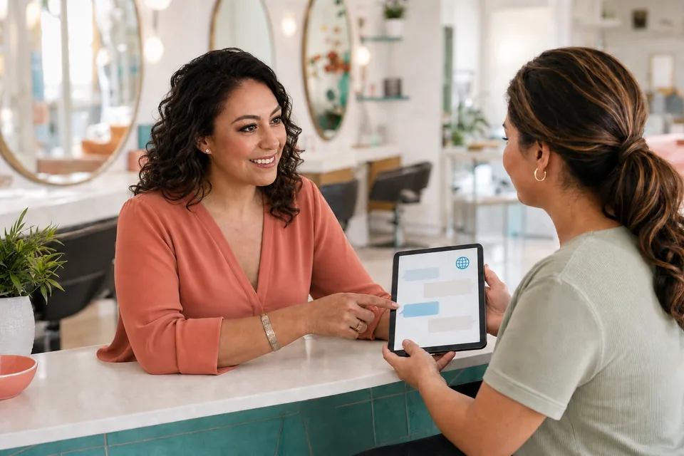 Iris helping a salon owner use a preferred-language AI conversation