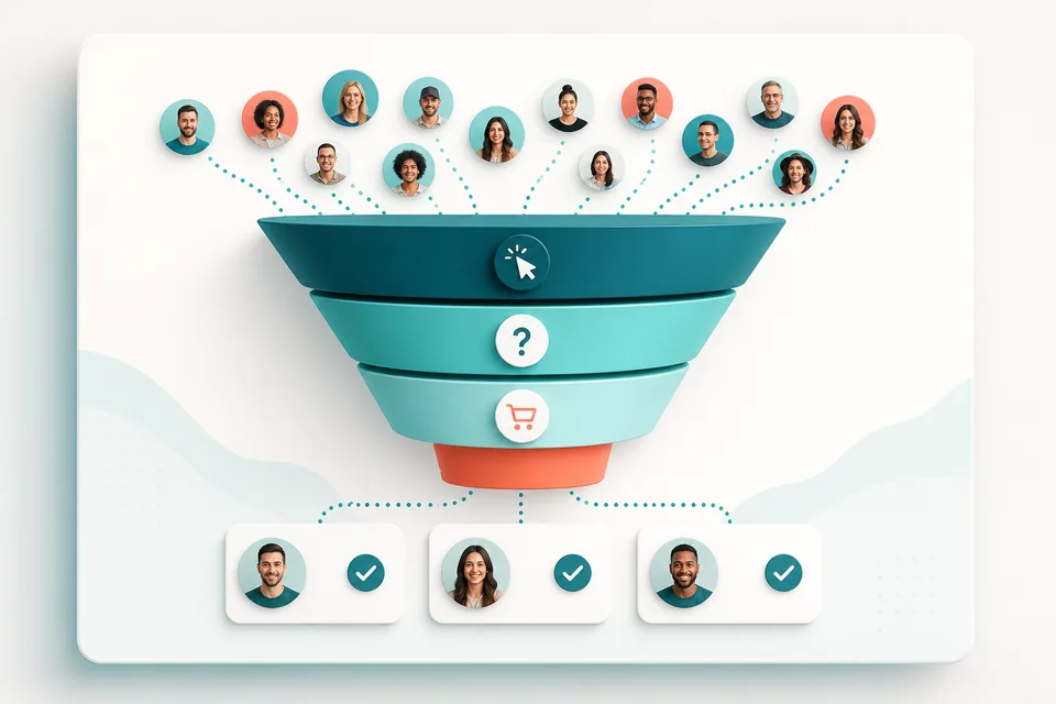 Customer funnel filtering interest and purchase signals into qualified leads