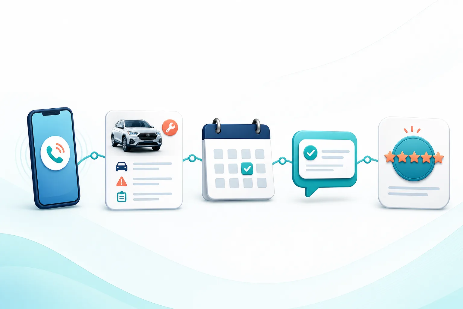 Automation flow from an auto-service call to intake, appointment, follow-up, and review
