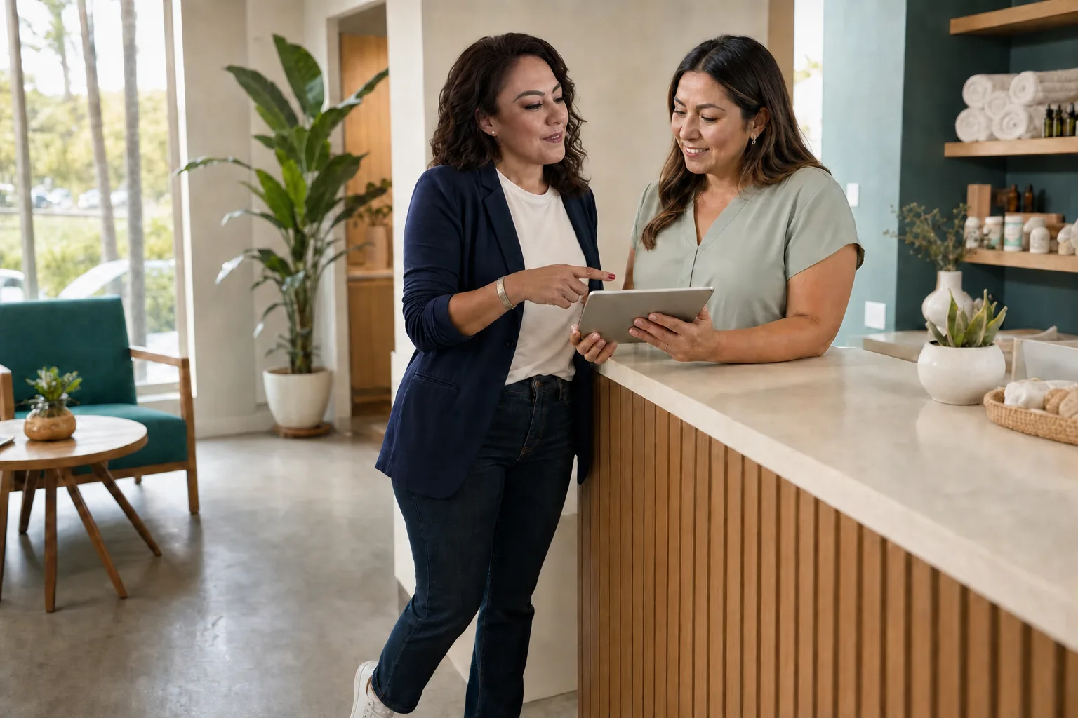 Iris helping a wellness-business owner review bilingual intake and reminders