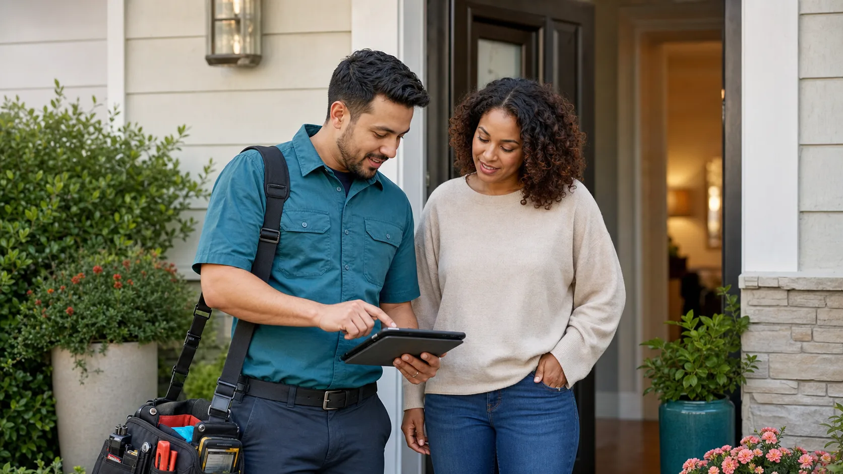 A home-service professional confirming an estimate and next step with a customer