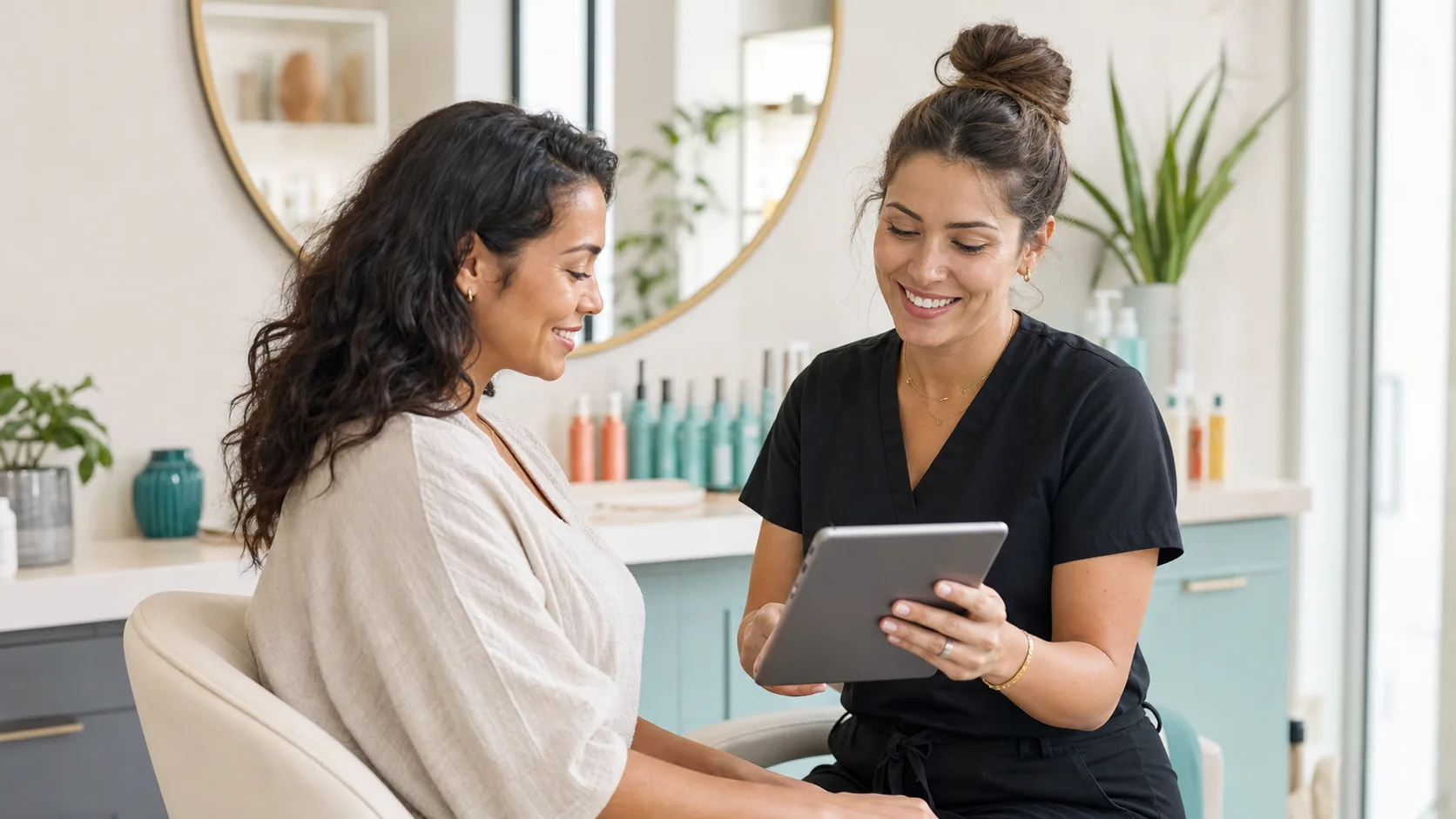 A salon professional helping a client confirm an appointment on a tablet